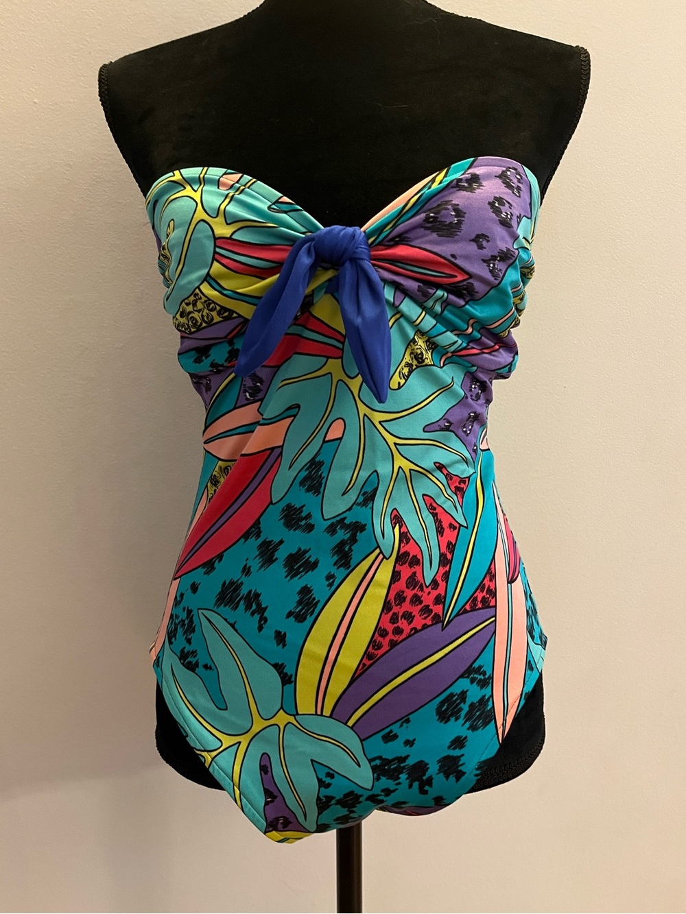 VTG 80s Strapless Swimsuit, size 16 (runs small), turquoise tropical